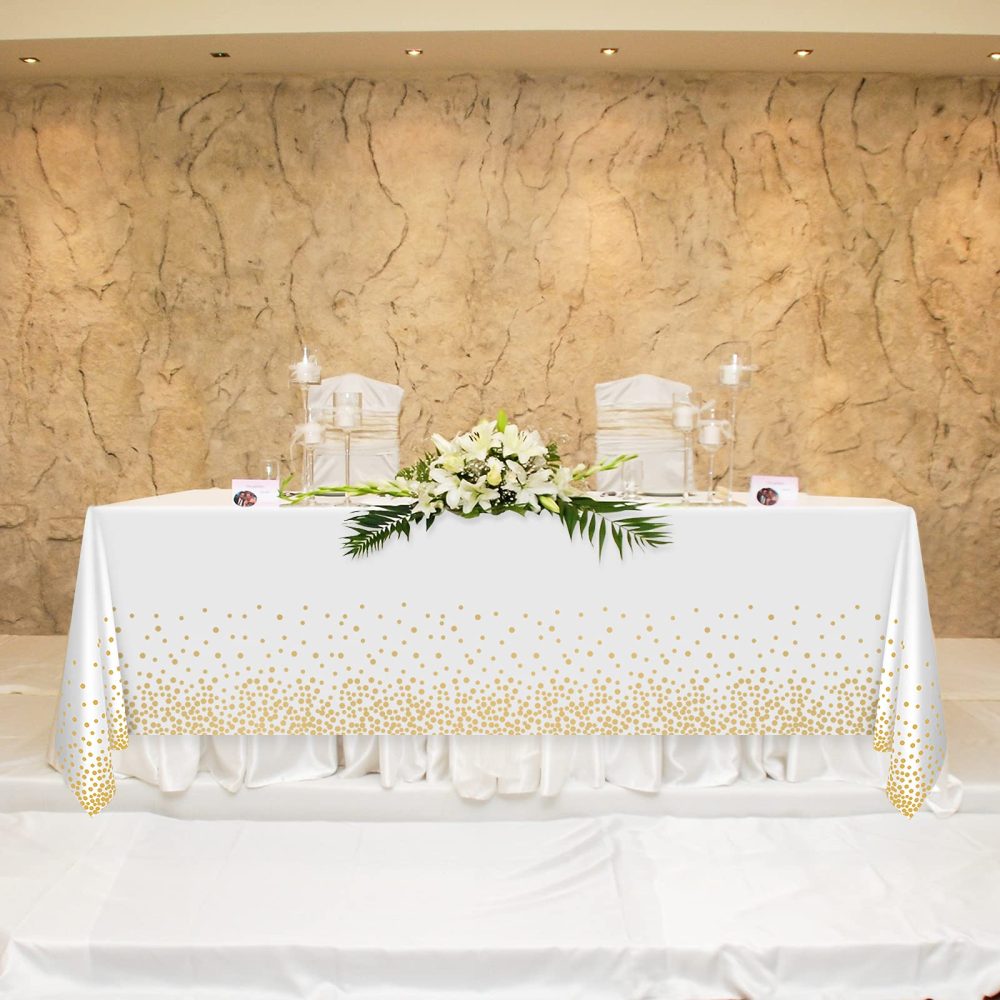 ELECLAND White and Gold Party Tablecloth Plastic 137x274cm Gold Dot Confetti Rectangular Table Cover for Picnic, Baby Shower, Halloween, Christmas, Birthday Decorations - Image 3