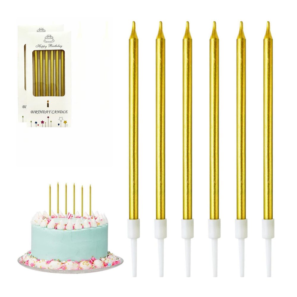 FUZVOL Gold Birthday Candles for Cakes, 12 Pcs Gold Glitter Candles Tall Birthday Cake Candles with Holder for Party Wedding Anniversary Halloween Christmas Decoration