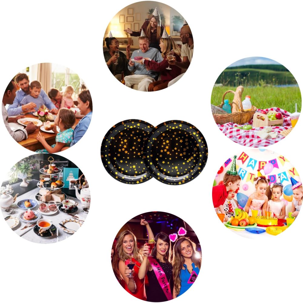 CEILIWEN Black Gold Paper Plates, 50 Pack 9 inch Birthday Decorations Paper Plates, Round Paper Plates Disposable Dinner Dishes, Black and Gold Star Plates, Party Tableware - Image 6