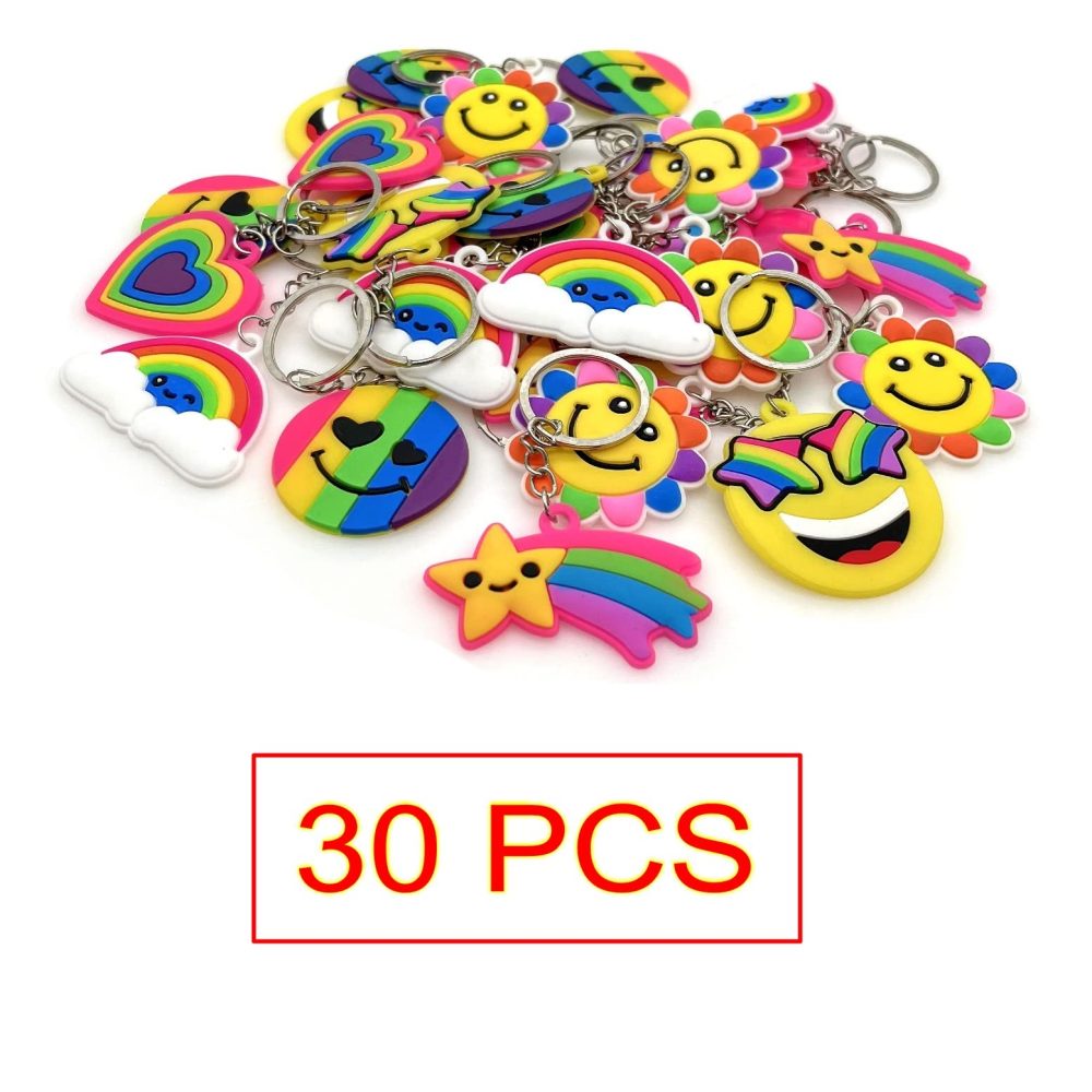 JZK 30 Pcs Rainbow keyrings set for kids, rubber smile face keychains for children birthday party favours, kids party bag fillers, kids party thankyou gift giveaway gifts - Image 5