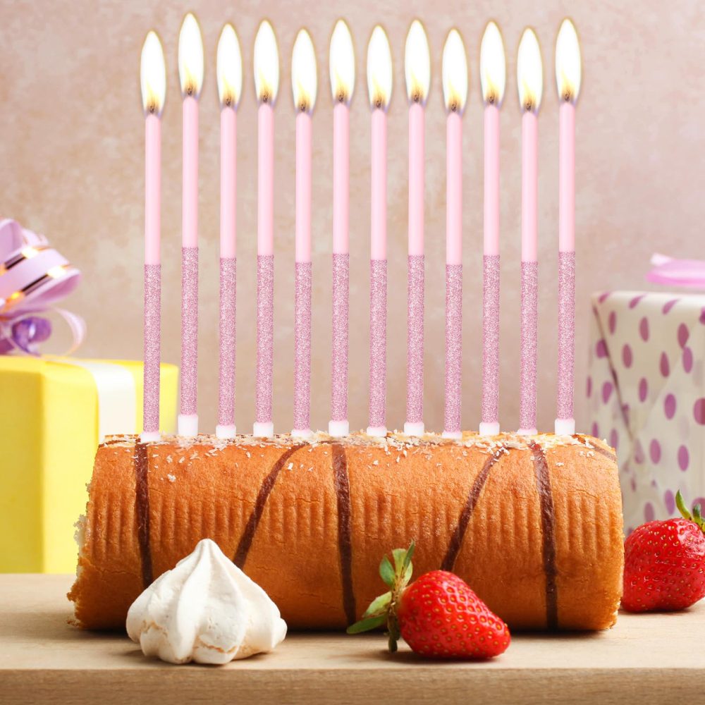 Pink Birthday Candles for Cake,Happy Birthday Party Candles, Sparkle Long Candle, Shining Pink Candles, Glitter Tall Candles Birthday, Pink Cake Decorations, Baby Showers, Wedding Anniversary - Image 3