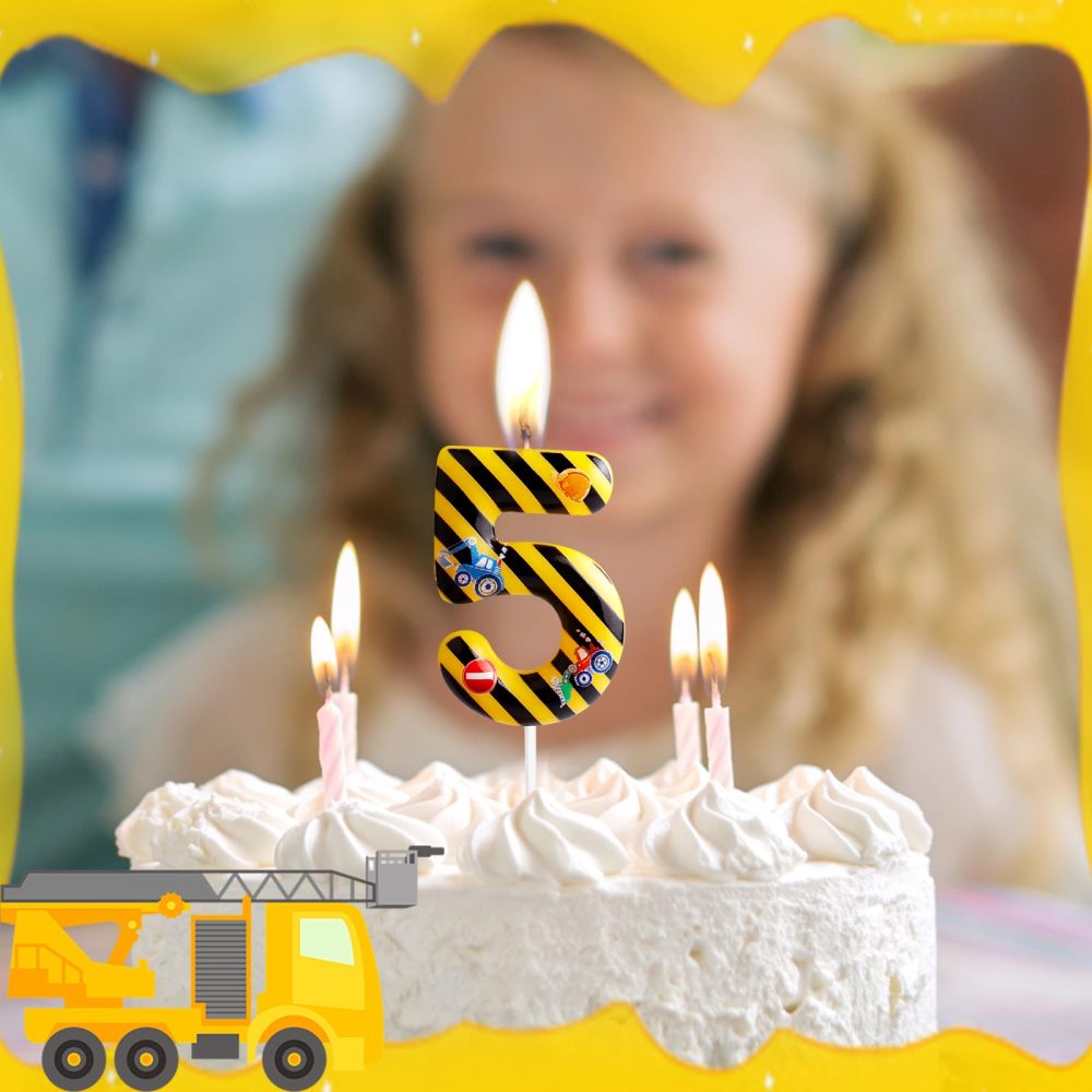 Construction Birthday Candles Number 4 Yellow Black Striped Construction Theme 4th Birthday Party for Girl Boy Birthday Cake Topper Graduation Celebration Anniversary Decorations - Image 2