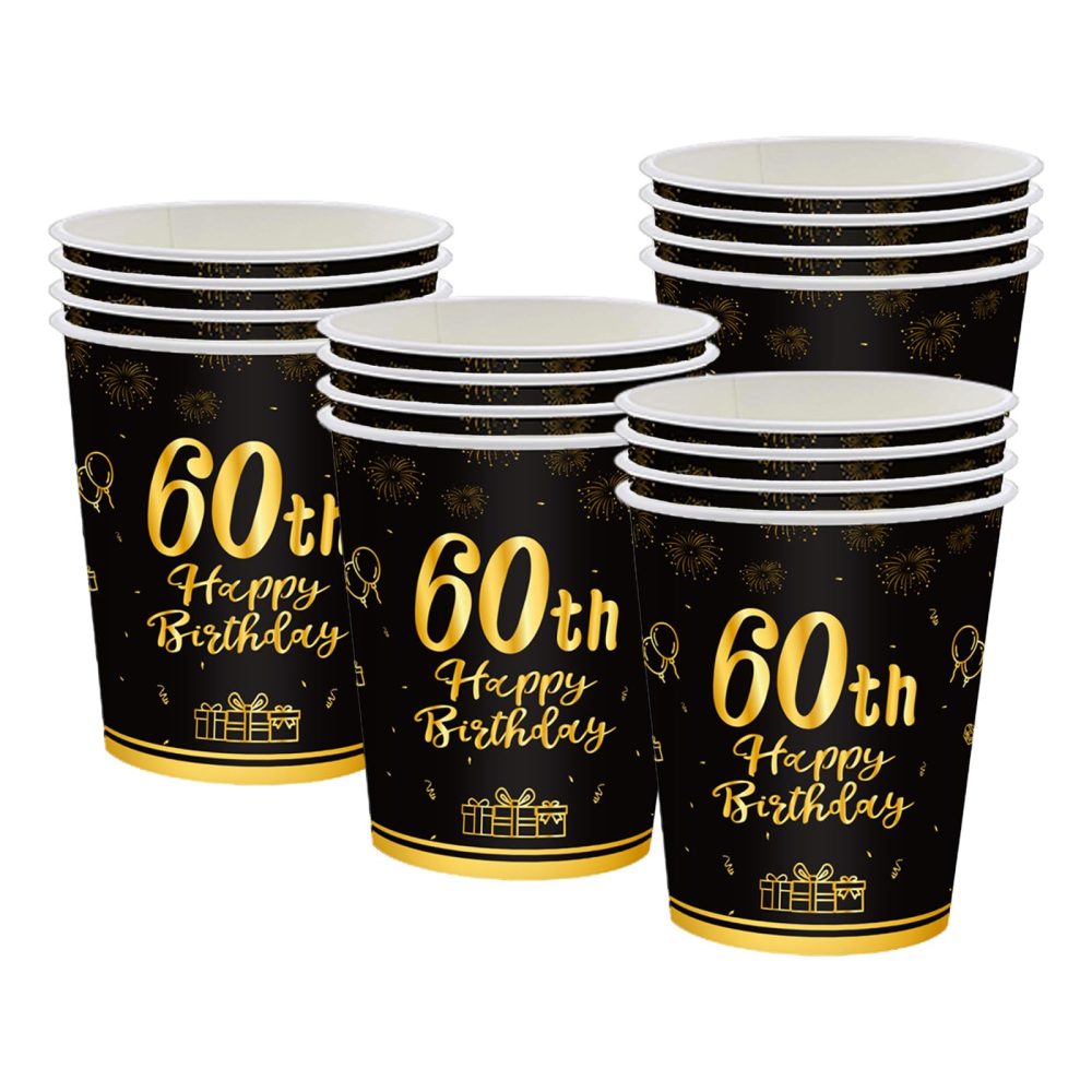 POPOYU 16pcs Black and Gold Paper Cups 60th, Happy Birthday Tableware Paper Cups,Happy 60th Birthday Decorations Paper Cups for Men,Women,Him,Her 60th Birthday Gifts Party Supplies Decorations