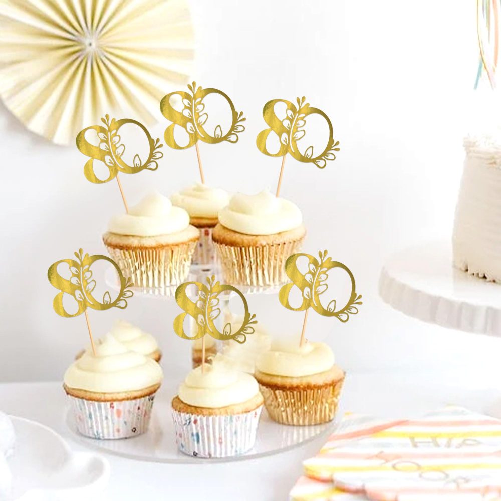 Blumomon 24Pcs 80th Happy Birthday Cupcake Toppers Happy 80 Cupcake Topper Cheers to 80 Cake Decoration 80th Birthday Party Decoration 80th Anniversary Cake Decoration（Gold） - Image 6