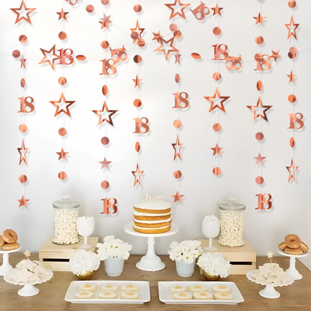 18th Birthday Decorations Hanging Swirls Decorations Rose Gold Number 18 Circle Dots Star Garland Party Decorations Metallic Hanging Streamer Banner Shiny Hanging Swirls for Birthday Party Supplies - Image 2