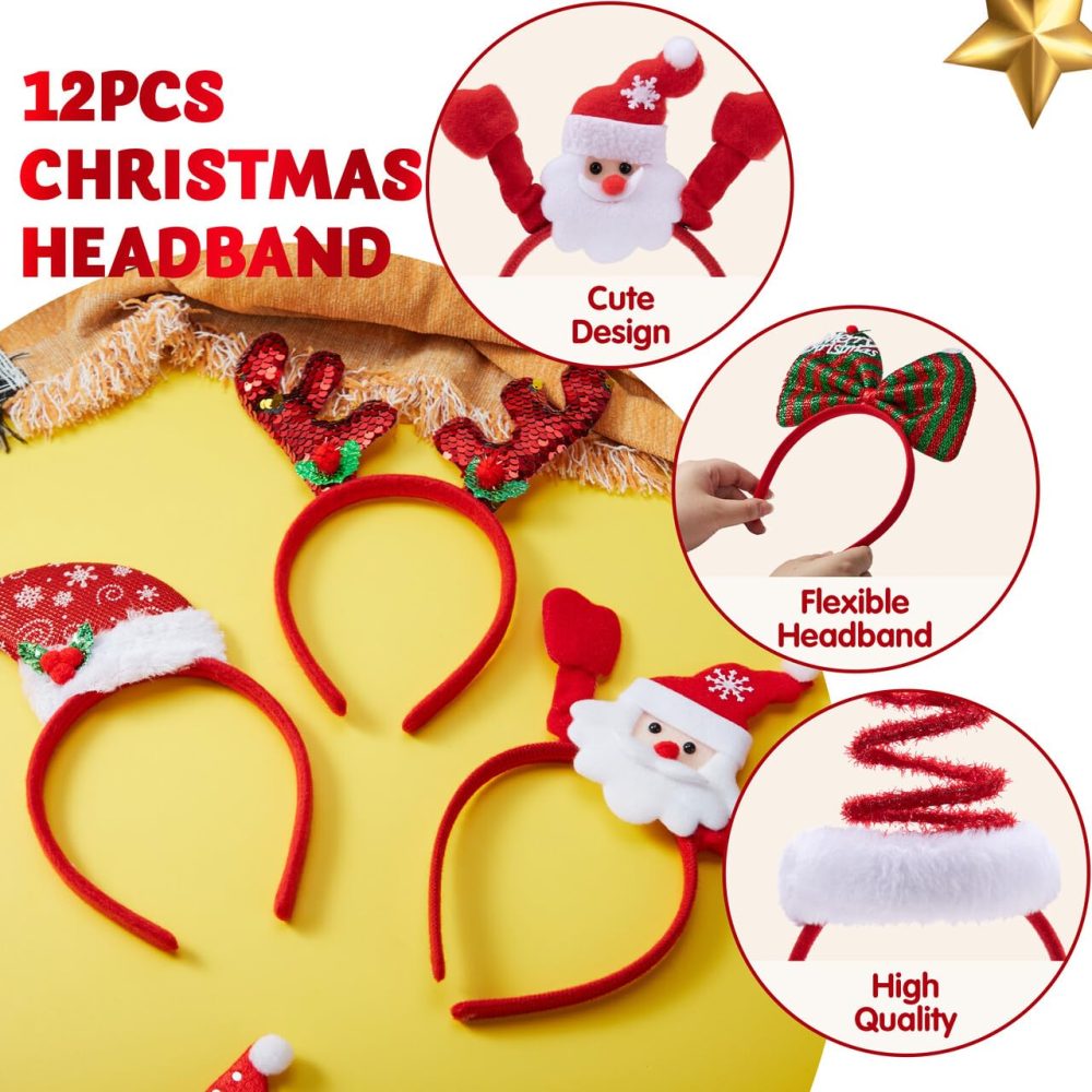 Pack of 12 Christmas Headbands with Assorted Design for Christmas Party Supplies and Party Favors (One Size Fits All) - Image 7