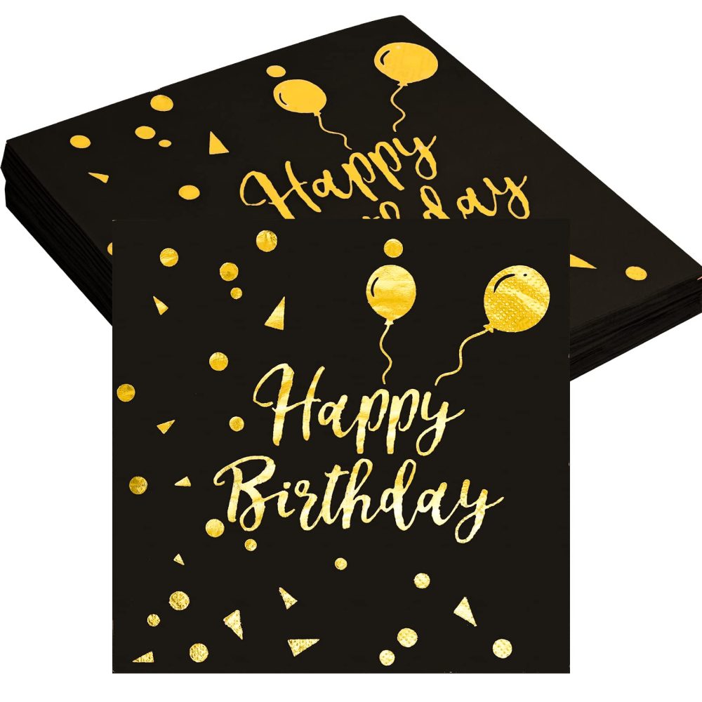 40Pcs Happy Birthday Napkins Black and Gold Party Napkins Birthday Paper Napkins Disposable Black Birthday Napkins Birthday Cocktail Napkins Gold Foil Napkins Birthday Serviettes Napkins for Women Men