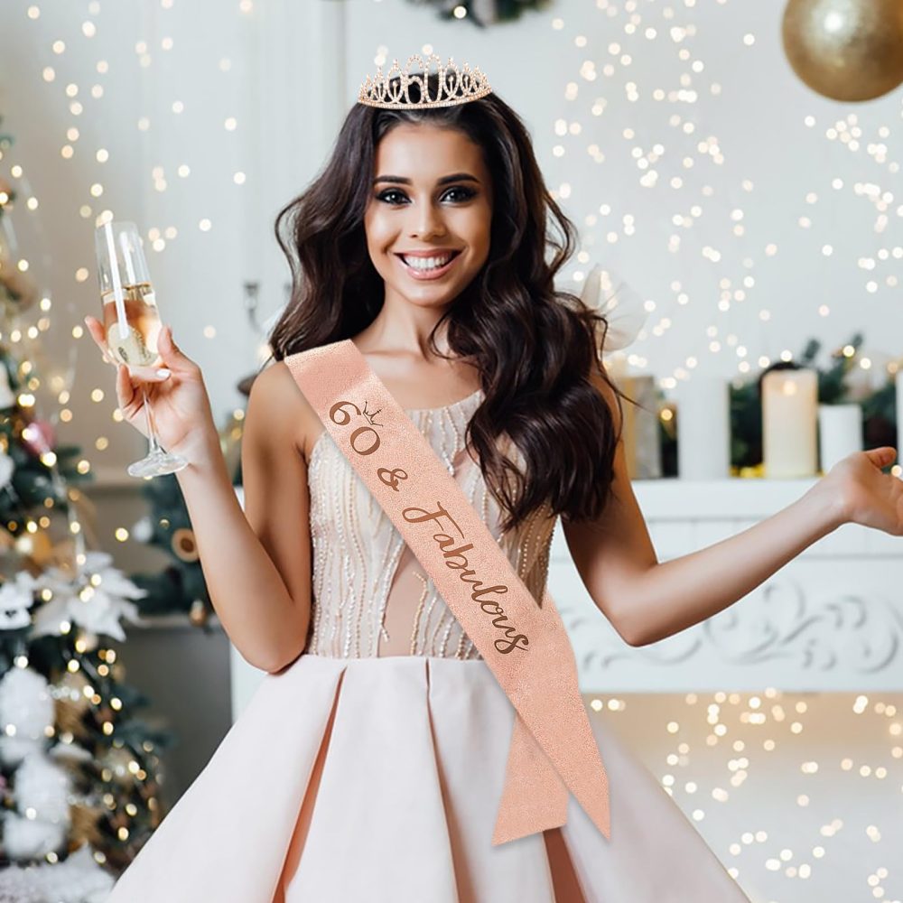 60th Birthday Sash and Tiara,Rhinestone Crown Headband for 60 Birthday Gift Glitter Crystal Hair Accessories Rose Gold Queen 60th Birthday Decoration for Girls Women Birthday Party Supplies - Image 6