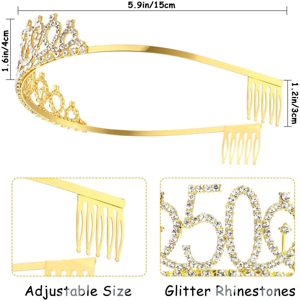 Leixi 50 and Fabulous Sash & Rhinestone Tiara Set - 50th Birthday Gifts Birthday Sash for Women Birthday Party Supplies (Gold) - Image 6