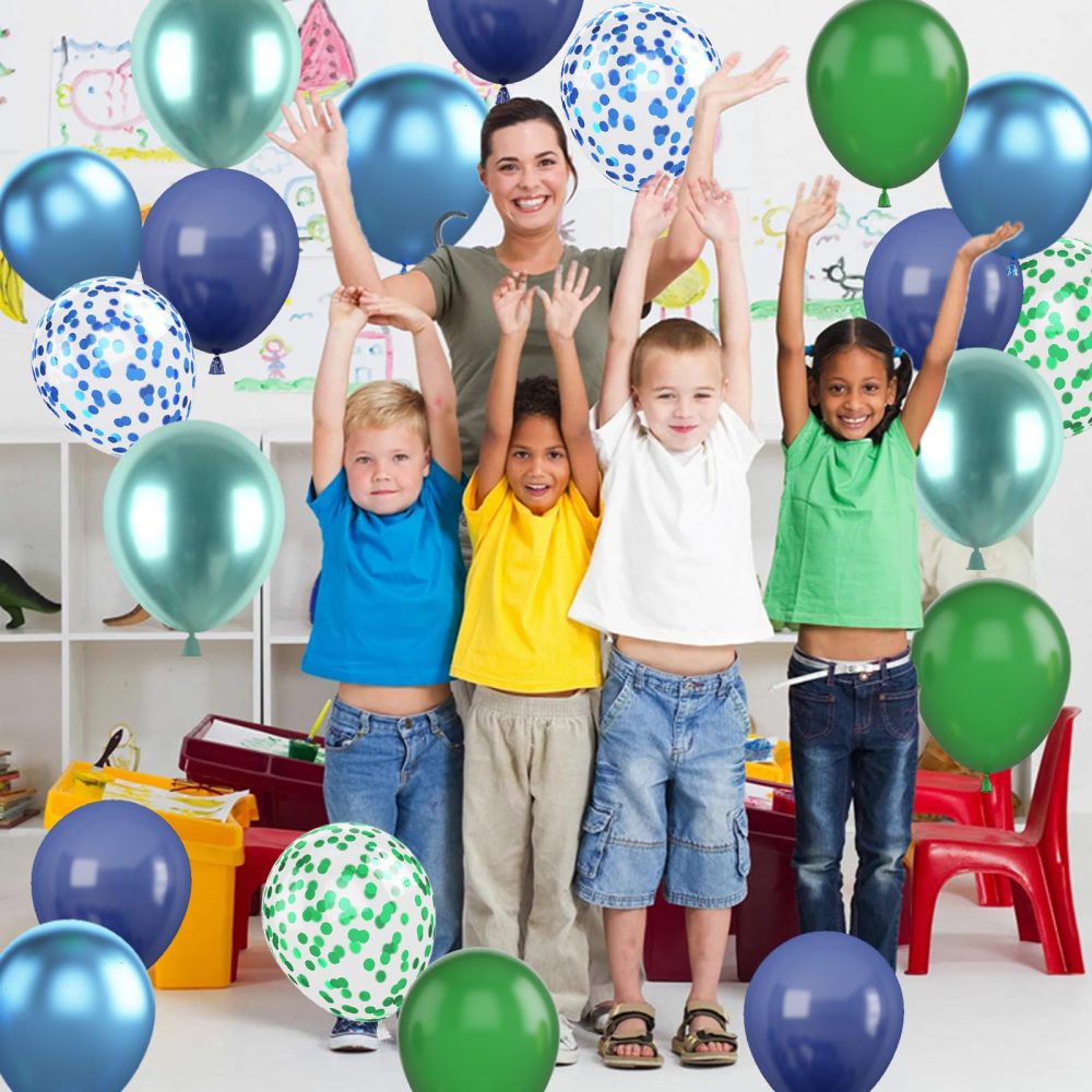 Blue and Green Balloon Set, 12 Inch Navy Blue Dark Green Balloon Metallic Chrome Green Blue Balloons, Confetti Green Blue Balloons for Jungle Safari Theme Boys Birthday Party Decorations - Image 4