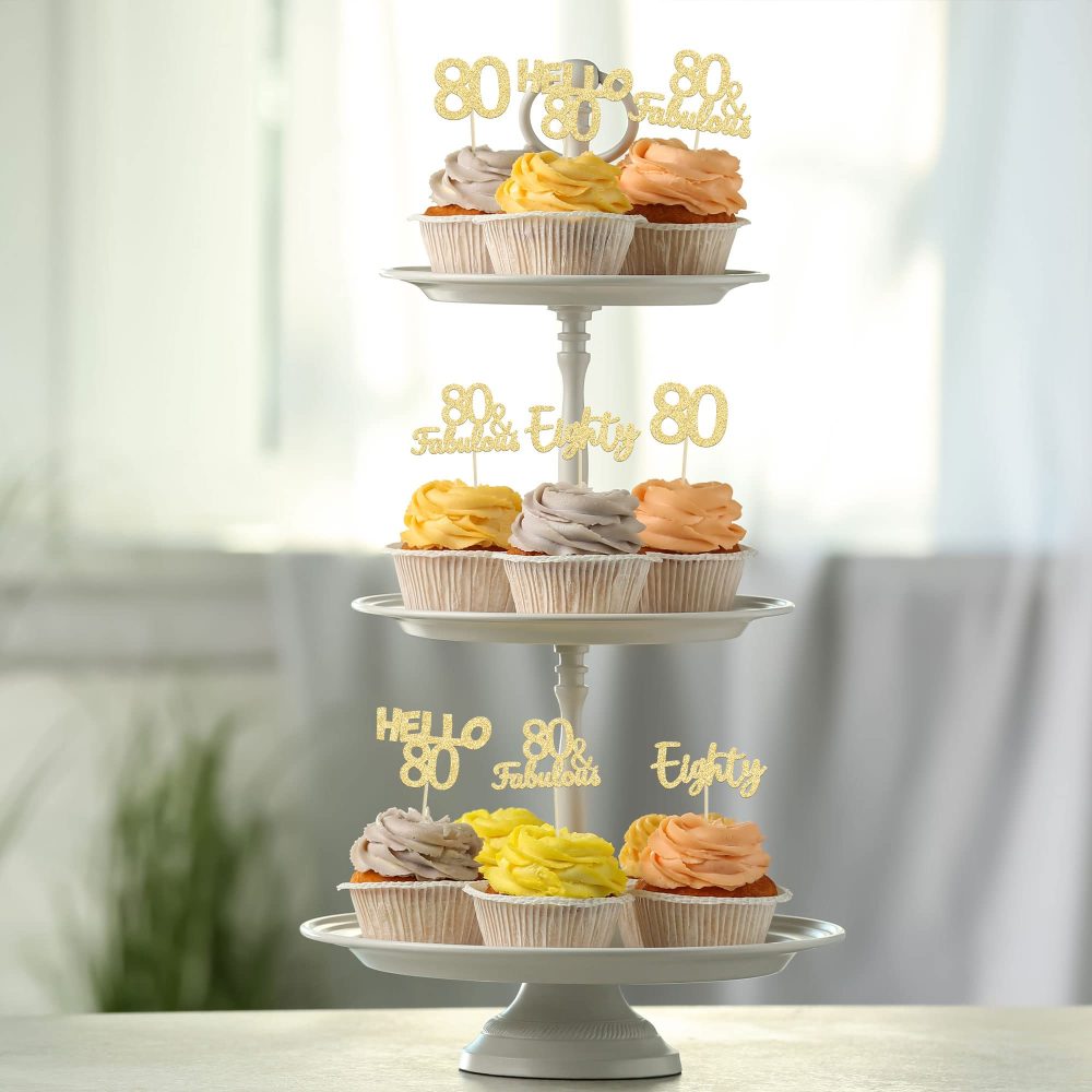 Gyufise 24Pcs 80th Birthday Cupcake Toppers Gold Glitter Hello 80 Cake Topper Eighty 80 & Fabulous Cupcake Picks 80th Birthday Cake Decorations Supplies - Image 7