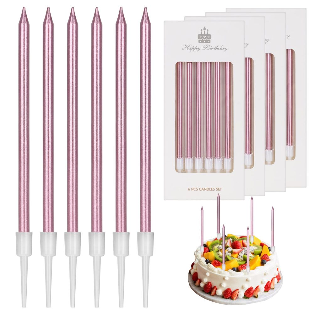 LFBEST 24Pcs Birthday Candles for Cakes, Long Birthday Candles for Cake with Holders Birthday Cake Candles for Birthday Wedding Baby Shower Girls Party Decoration(Rose Gold)