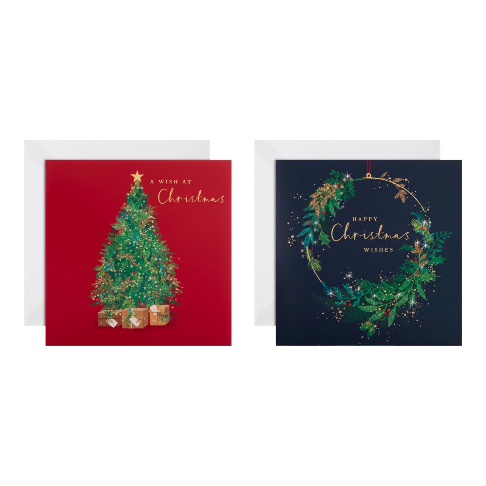 Hallmark Christmas Card, Multipack Christmas Cards, Pack of 16, 2 Designs, Christmas tree & Wreath, Charity Christmas Cards, With Envelopes - Image 4