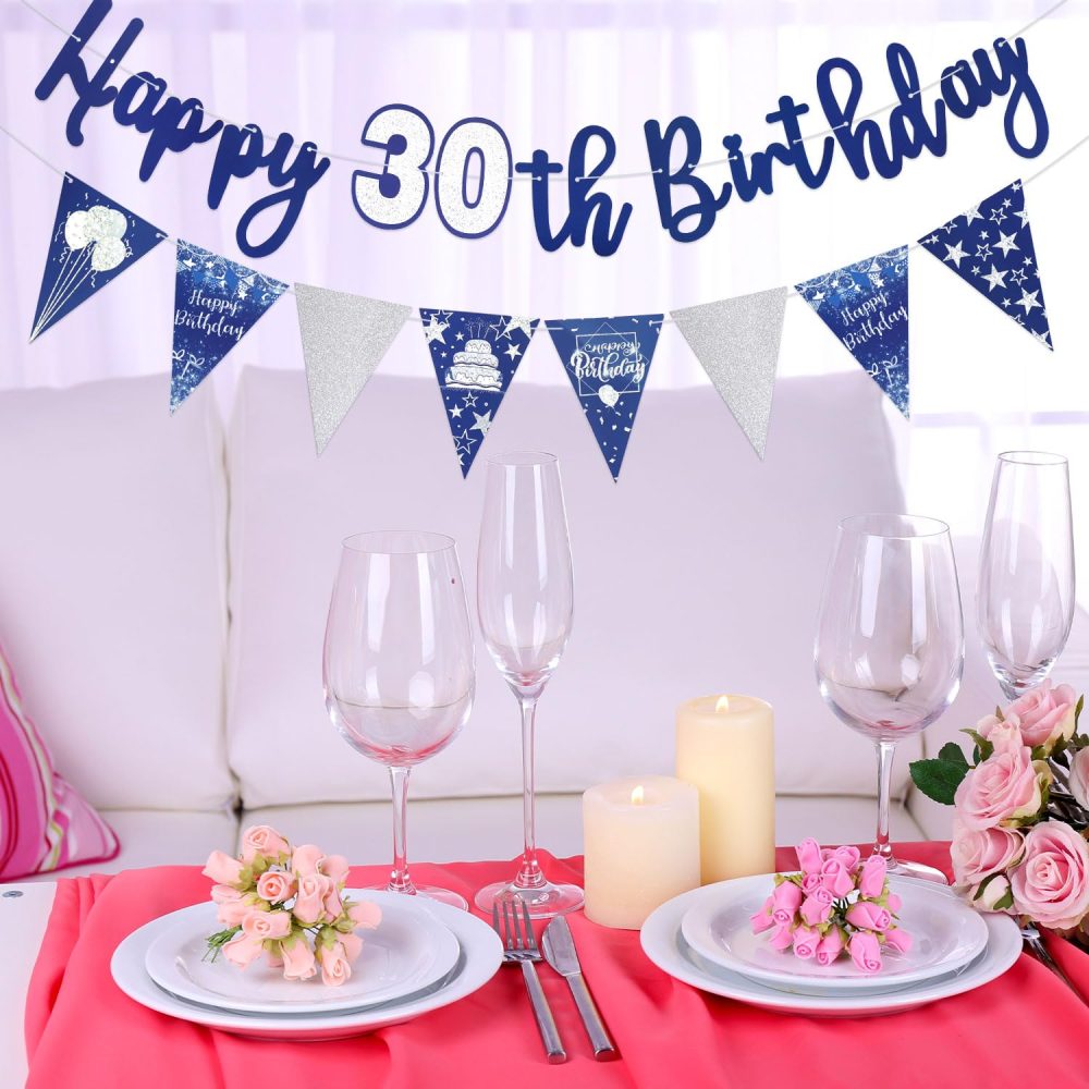 Happy 30th Birthday Banner Blue Happy Birthday Triangle Flag Banner Party Decorations Bunting Flags Party Supplies Decoration 30th Birthday Banners for Men Women A8LSLQZH (30) - Image 4