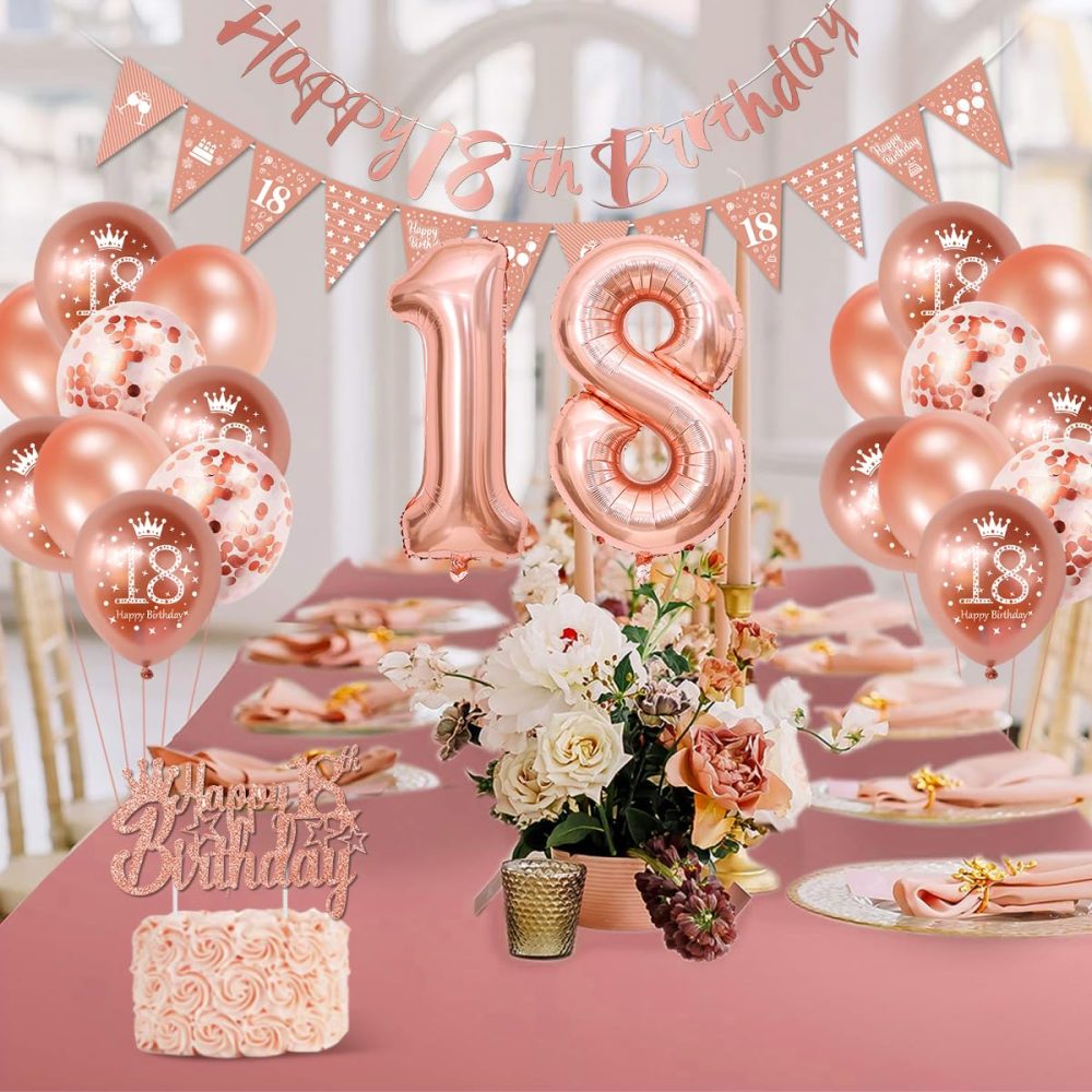 18th Birthday Decorations, Rose Gold 18th Birthday Decorations for Girls,Happy 18th Birthday Banner Triangle Flag Bunting 18th Birthday Sash 18 Balloons Cake Topper for Happy 18 Party Supplies Favor - Image 3