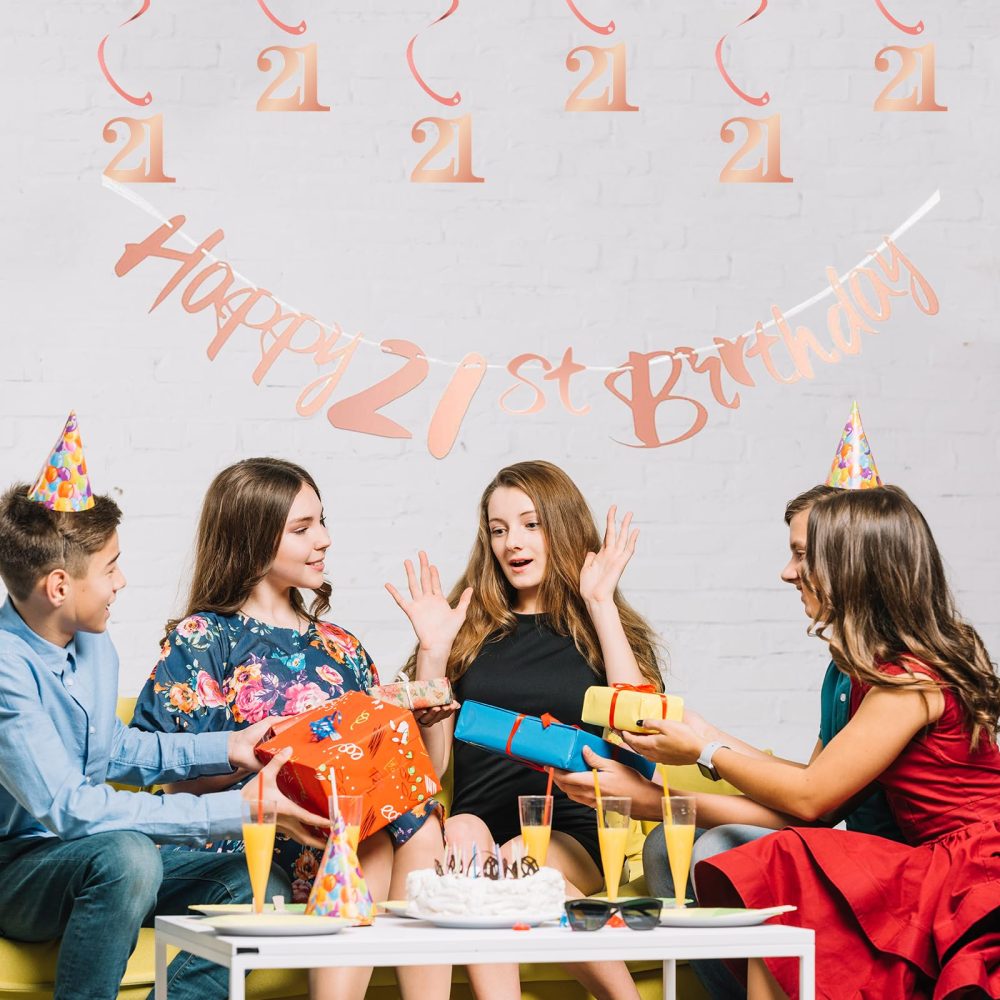 Bliceon 21ts Birthday Bunting Banner, Hanging Swirls Streamers, 21th Birthday Decorations Set for Girls 21 Years Old Birthday Decorations Party Decor - Rose Gold - Image 4