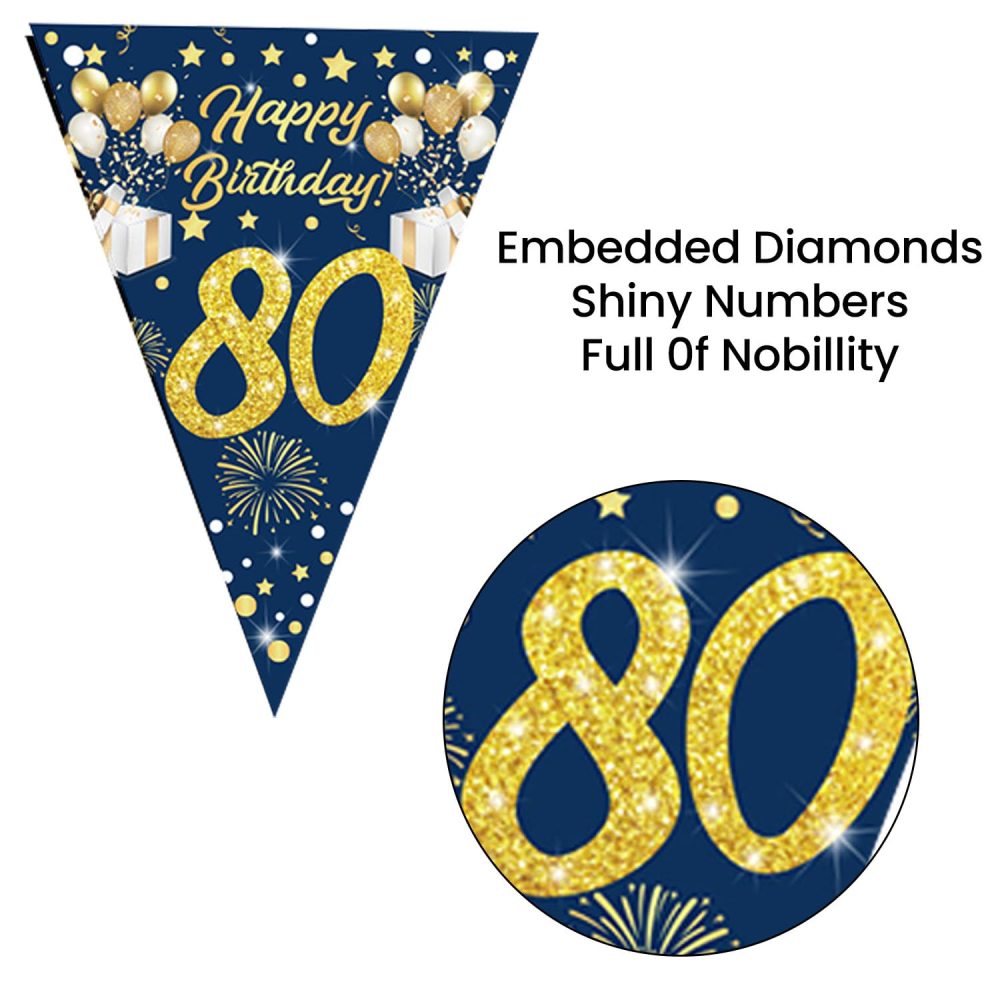 Happy 30/50/80th Birthday Banner Bunting Flags, 30/50/80th Birthday Decorations, Gold Glitter Birthday Anniversary Party Decoration Supplies, Birthday Triangle Flag Banners for Men Women (Blue 80th) - Image 4