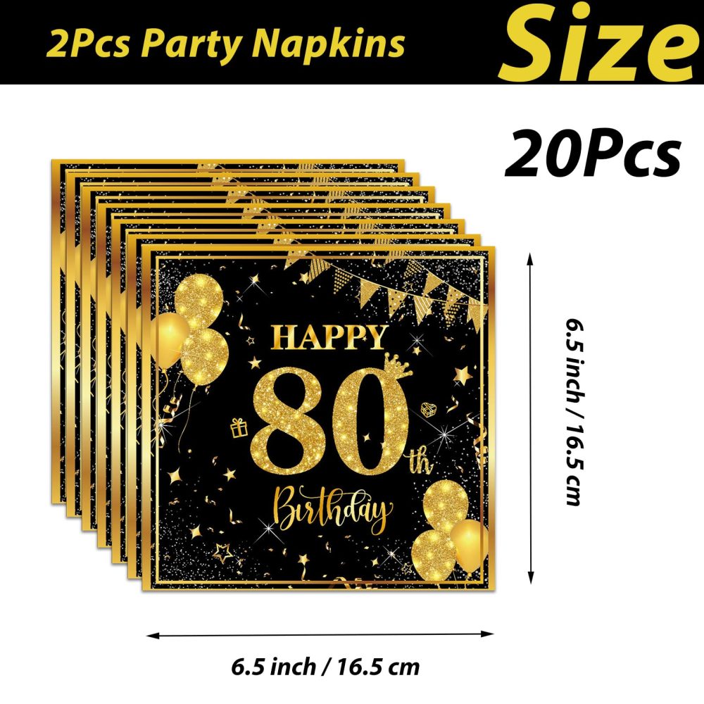 20P Black Gold 80th Birthday Paper Serviettes Napkins,Men Happy 80th Birthday Party Napkins Disposable,Birthday Serviettes Tissue Beverage Luncheon Decorative Paper Napkin for 80th Men,Him Party - Image 2