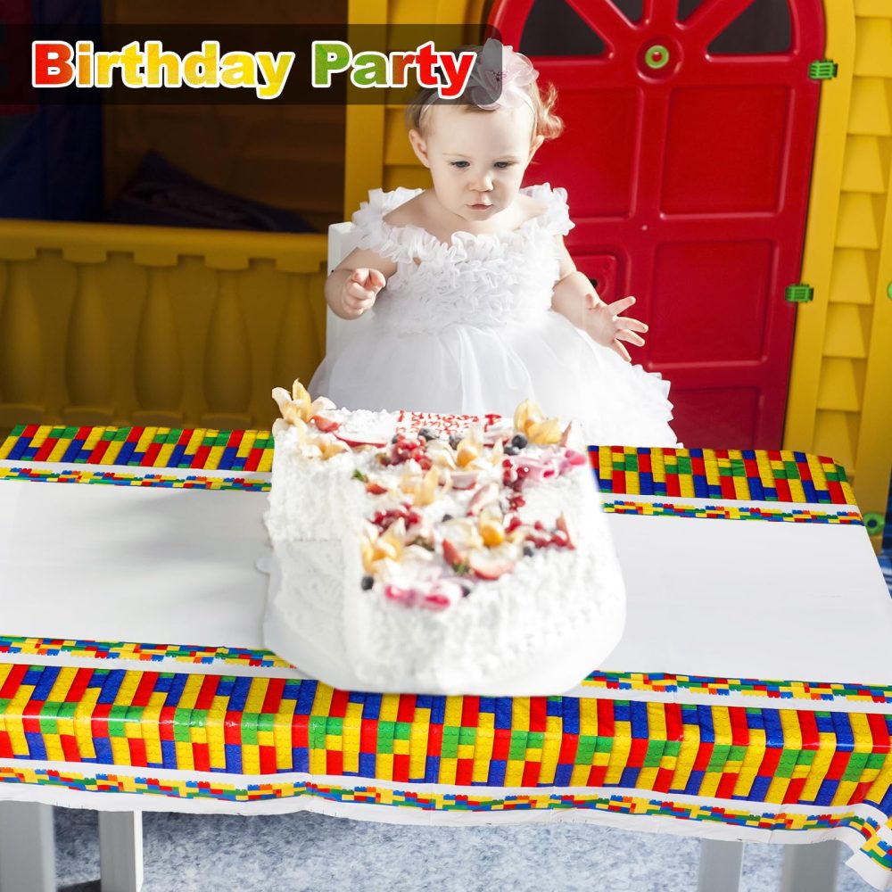 Panelee Building Blocks Party Supplies Birthday Plastic Tablecloth 70.87 x 42.5 Inches Rectangle Block Birthday Plastic Tablecover Multicolor Toy Bricks Birthday Table Cloth for Kids' Party - Image 3