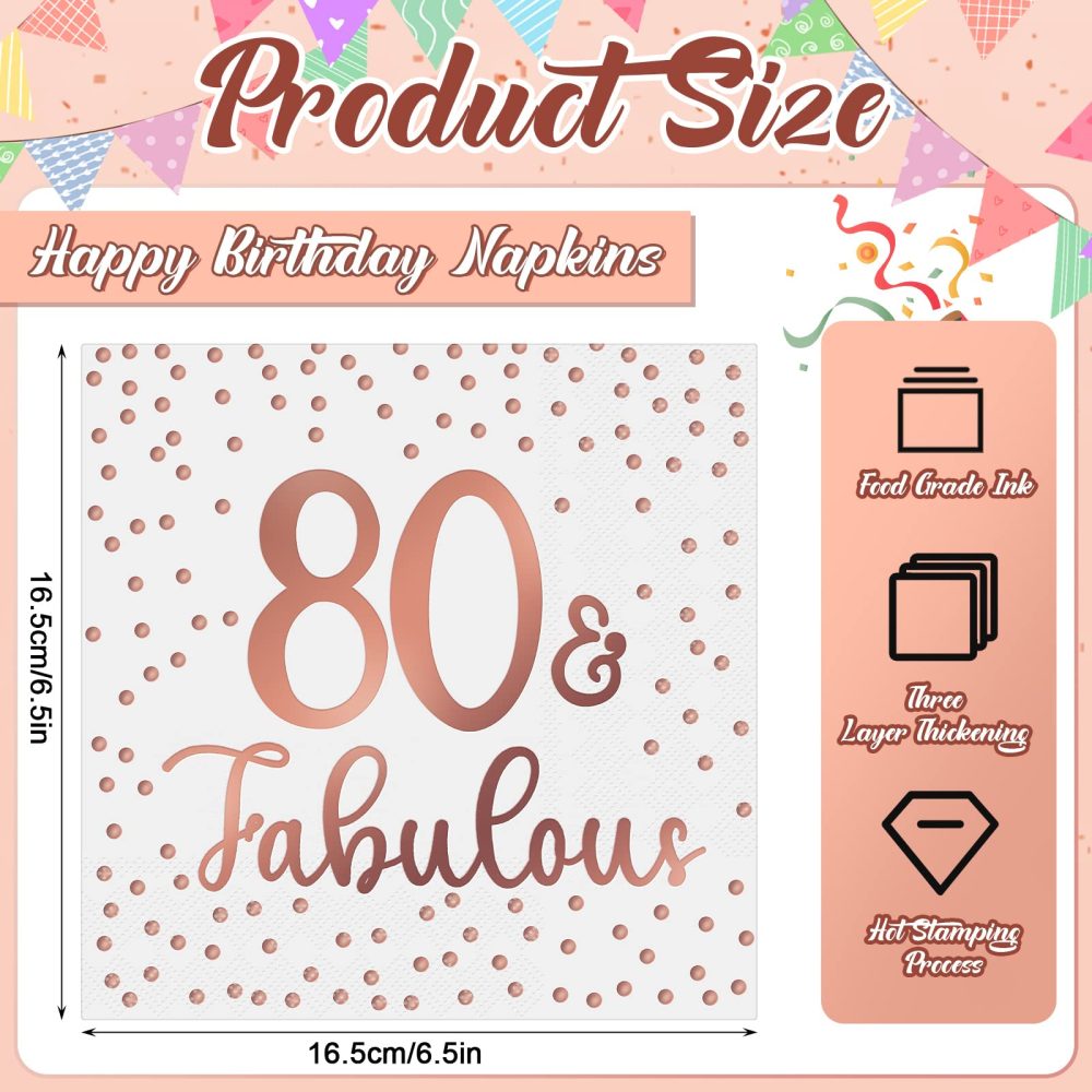 Tenare 40 Pcs Glitter Napkins Happy 50th 60th 70th 80th 90th Birthday Napkins Fabulous Cocktail Disposable Napkin for Birthday Party Anniversary Decoration, 3 Ply (White and Rose Gold,80th Fabulous) - Image 6