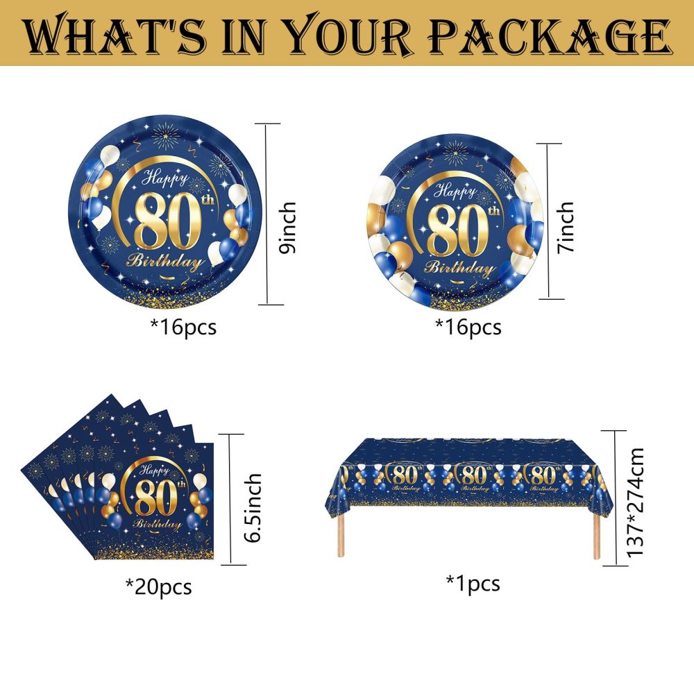 53Pcs Black Gold 80th Happy Birthday Party Tableware Decorations for Him Plastic Table Cloth,7,9inch Paper Plates,Napkins for Men Birthday Table Party Tableware Set for Men Adults Birthday Party - Image 3