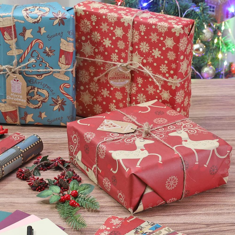Christmas Wrapping Paper, 12 Pack Recyclable Kraft Paper 70x50CM in Folded Sheets with 10 Unique Designs (Bonus 16 Feet Jute String and 10 Tags) - Image 5