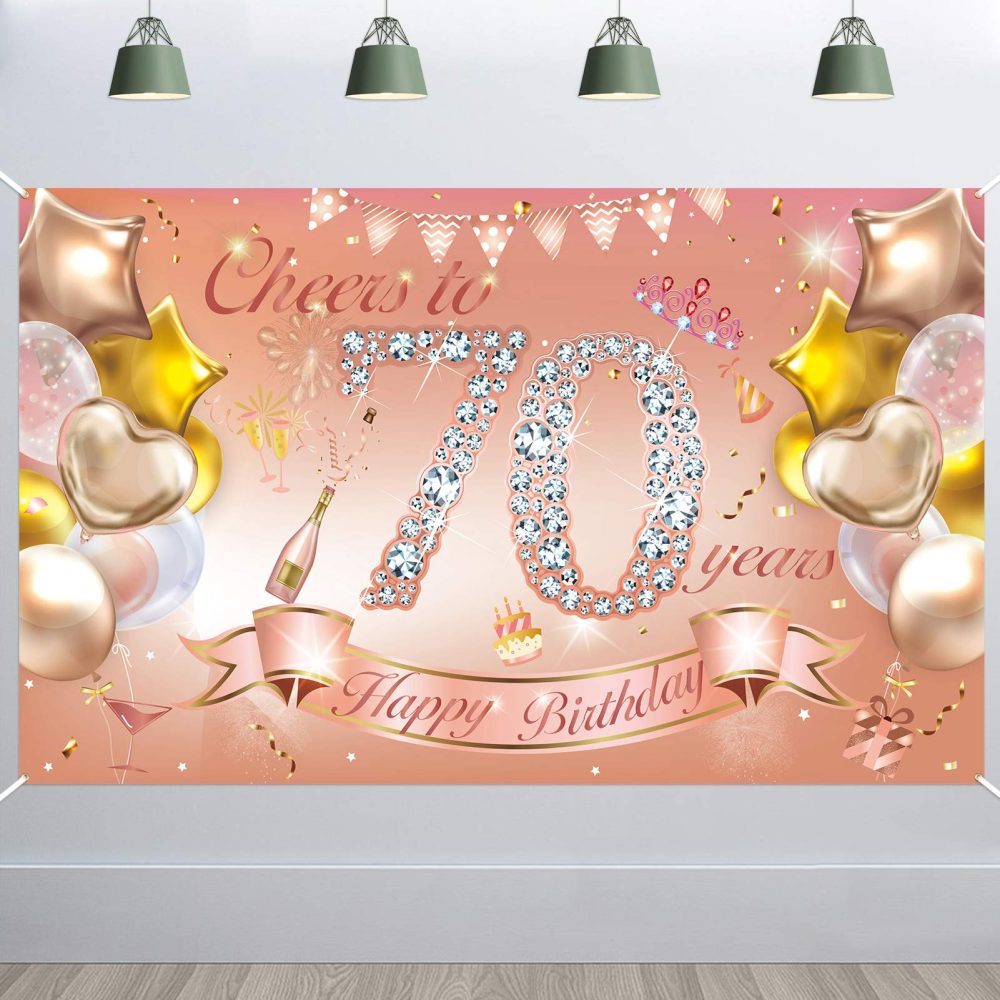 HOWAF Woman 70th Birthday Party Decoration Rose Gold, Fabric Banner for 70th Birthday Photo Backdrop Photography Background, 70th Birthday Outdoor Garden Table Wall Decoration Supplies