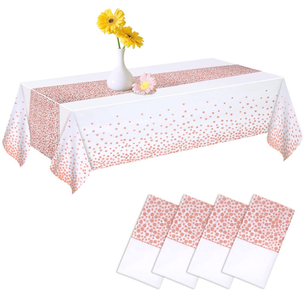 CHEPULA Disposable Tablecloths, [4 Pack] Table Cloth Plastic Waterproof, Rose Gold Dot Rectangular Table Cover for Parties Picnic Birthday, 137x274cm, White & Rose Gold