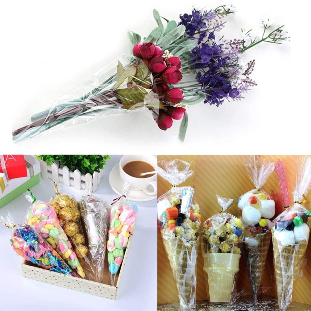Large Sweet Cone Bags, 100Pcs 37 x 17cm Clear Treat Bags with Gold Twist Ties and Stickers, Triangle Cellophane Bag for Party Snacks Candy Popcorn Chocolates Cookies Crafts Gifts - Image 3