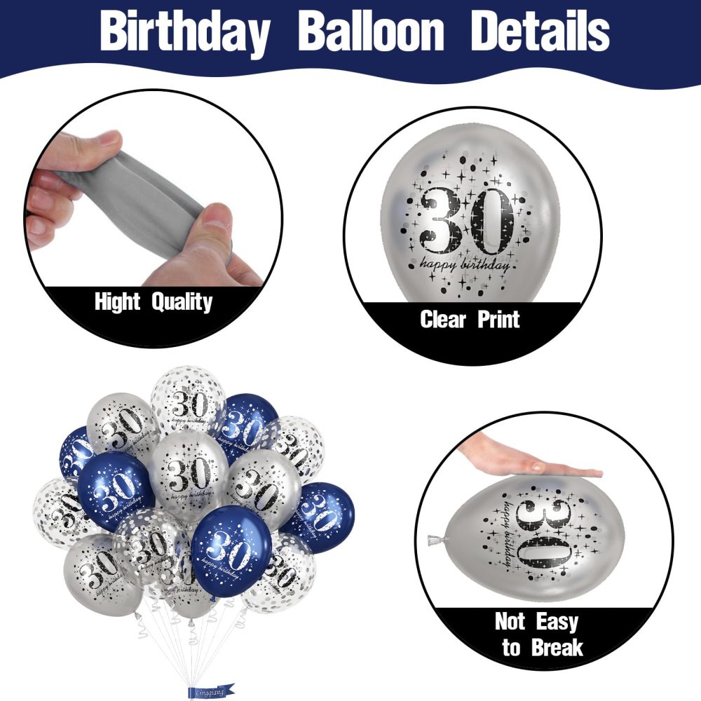 Blue Silver 30th Birthday Latex Balloons, Navy Blue Silver Happy 30th Birthday Party Decorations for Men, 15 Pcs 30th Balloons for Him Age 30 Years Old Birthday Celebration Party Decorations Supplies - Image 7