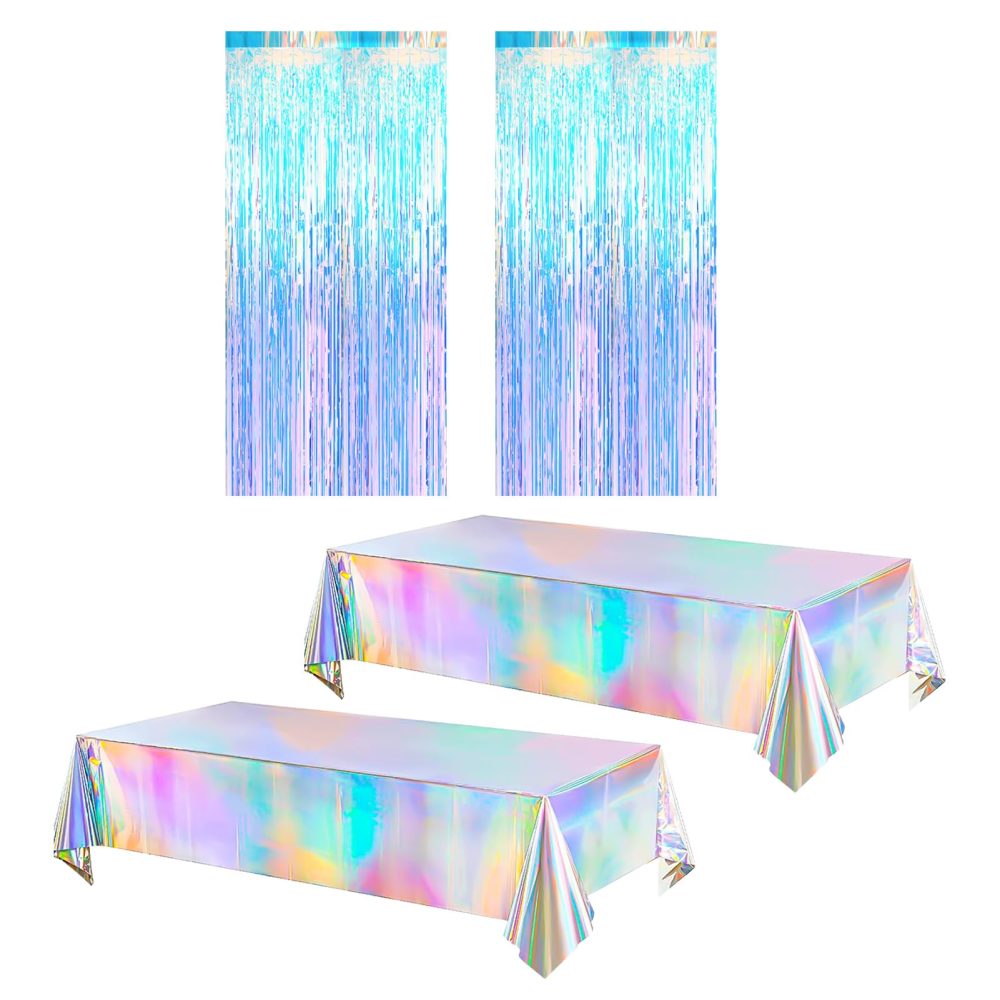 Meng Jiaran 4 Pack Iridescent Party Table Cloths Tablecloth for Mermaid/Birthday Party, 2 Styles Rainbow Holographic Rectangle Table Covers Shiny Tablecloth for Wedding Christmas Party Decorations