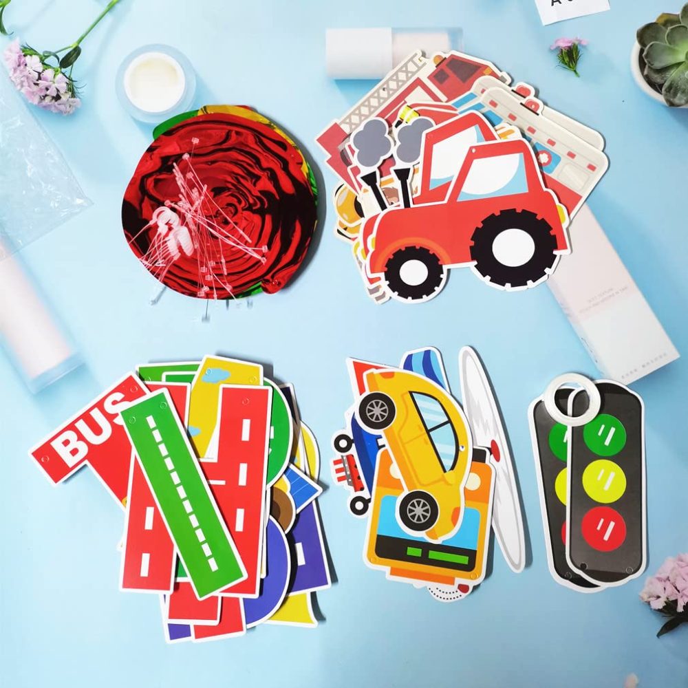 SAMHENG Transportation Birthday Party Decorations Set, Traffic Light Happy Birthday Photo Props Banner Flags with Car Bus Train Plane Ship Transport Theme Spiral Hanging Decoration Supplies - Image 4