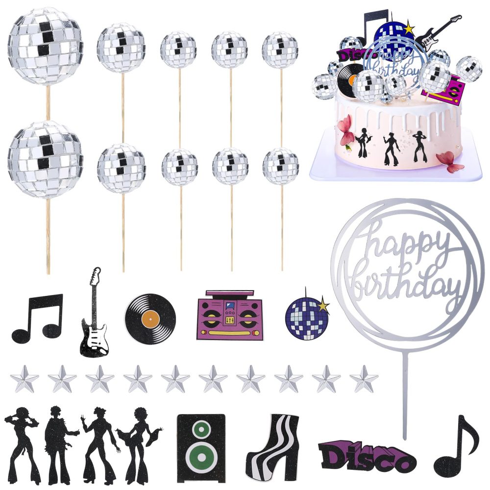 Disco Ball Cake Decorations, 35 PCS Disco Ball Cake Toppers Cupcake Toppers Cake Picks 1970s Disco Themed Cake Toppers for Disco Theme 70's Party Supplies (3 Size)