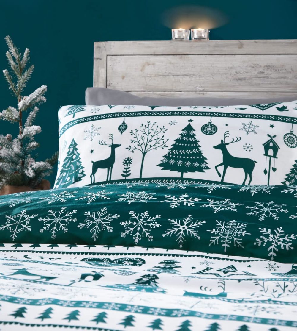 HOMEMAKER BEDDING Christmas Duvet Set Teal White Reindeer Stag Hearts Xmas Trees Festive Quilt Cover (Single) - Image 4