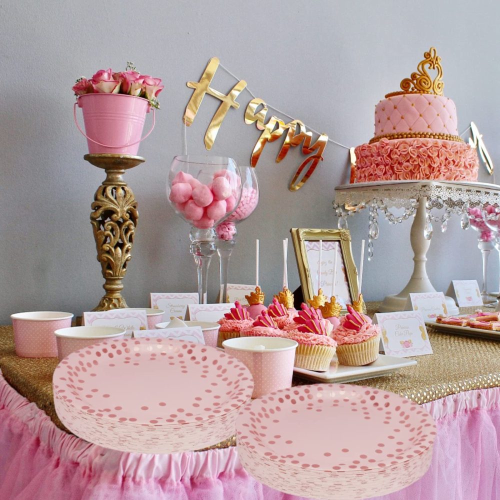 CEILIWEN Pink Paper Plates, Pink Party Plates, 7’’ Rose Gold Polka Dot Party Paper Plates, Disposable Plates Party Tableware, Pack of 50 (Pink Paper Plates-50PCS) - Image 5
