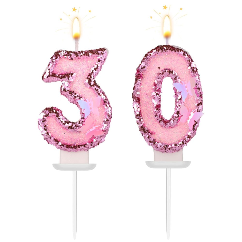Girls Birthday Number 30 Candles, 2.95in Glitter Butterfly Happy Birthday Cake Toppers Pink Sequins Wedding Numeral Cupcake Decorations for Anniversary Celebration Party Supplies (30th)