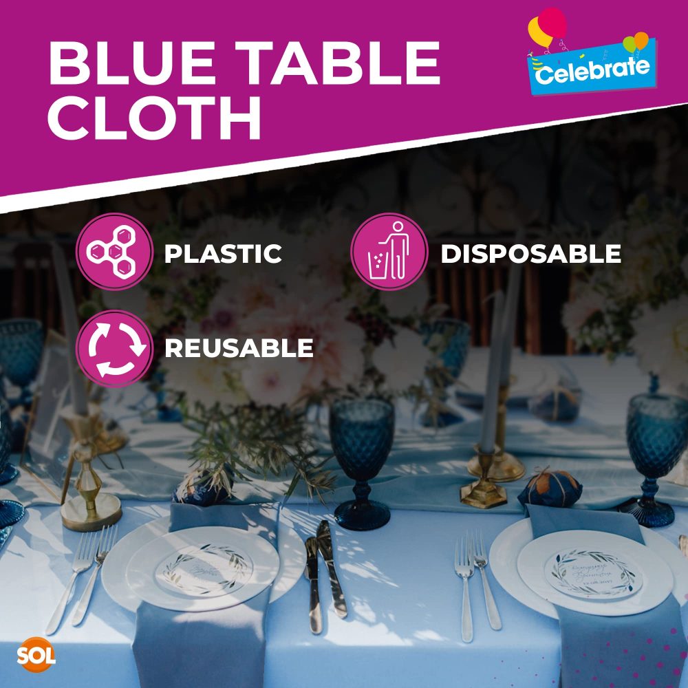 SOL 6pk Blue Table Cloths Party | 121 x 121cm | Reusable Blue Plastic Tablecloth | Blue Party Table Cloth | Plastic Table Cover | Blue Table Cover Party | Blue Table Cloth Party | Blue Tablecloth - Image 5