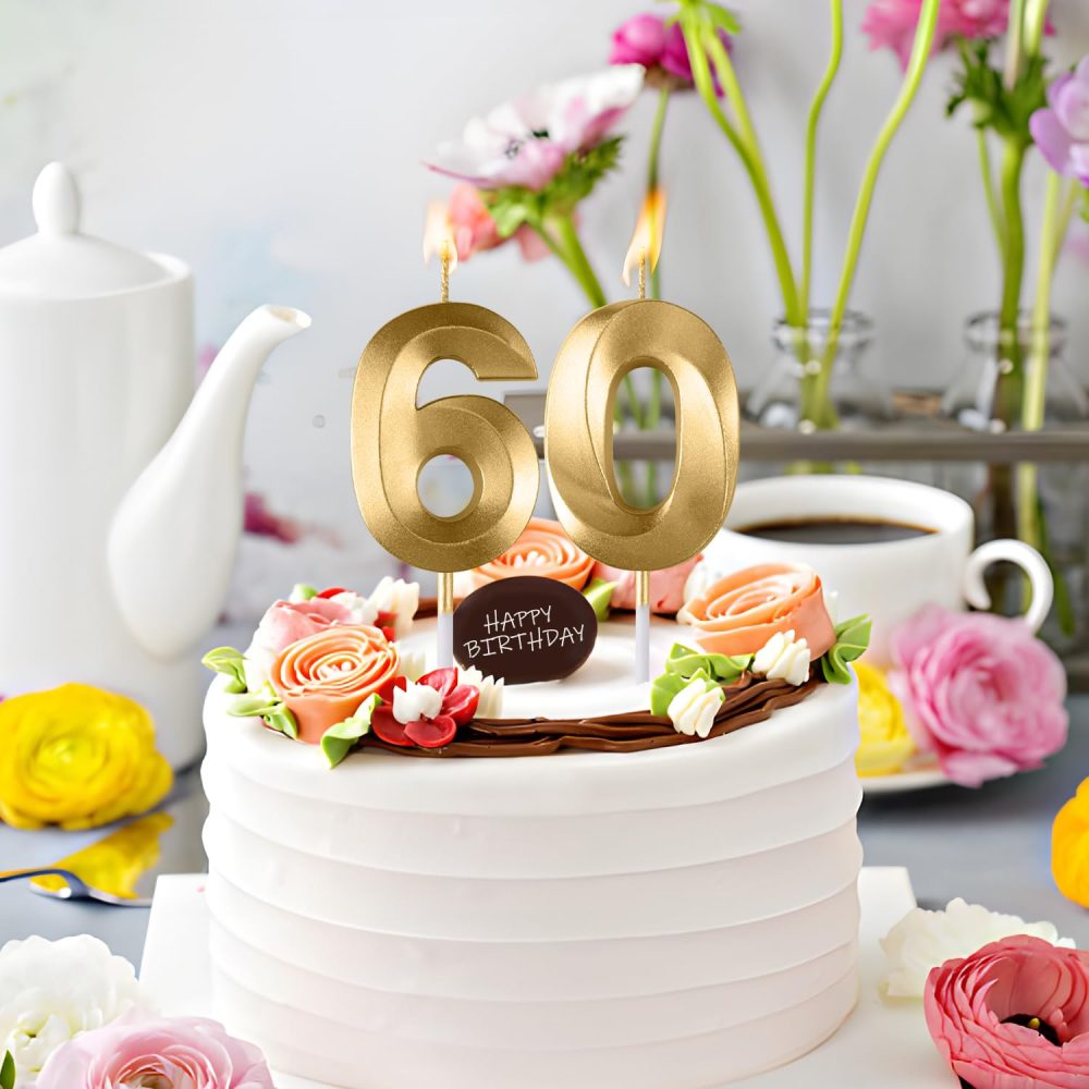 60th Birthday Number Candles,3D Gold Birthday Candle,Number 60 Candle for Birthday Party Cake Topper Decorations for Woemn Men Birthday Party Anniversary Supplies - Image 4