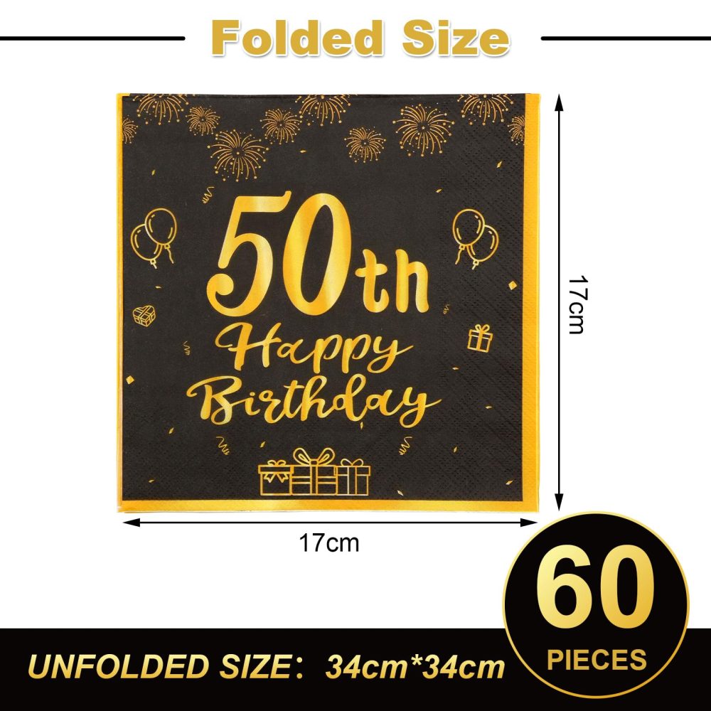 ZOCONE 60 Pcs 50th Birthday Napkins Black and Gold 50th Birthday Table Decorations for Men Women Disposable 50th Birthday Party Napkins Happy 50th Birthday Party Supplies Table Decor(50th, 60PCS) - Image 7