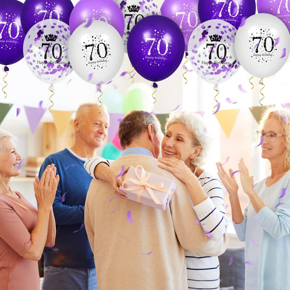 RUMIA 70th Purple Birthday Balloons Decorations, 16 PCS Purple White Confetti Latex Balloons for Women Men Happy Birthday Party Wedding Anniversary Indoor Outdoor Party Supplies,12 Inch (70th) - Image 5