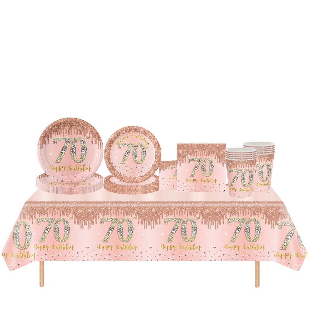 69pcs Rose Gold 70th Birthday Decorations,Happy 70th Birthday Tablecloth,Paper Plates,Napkins Serviettes and Cups Sets for 70th Birthday Table Decorations for Women,Men,Him,Her 70th Birthday Gifts