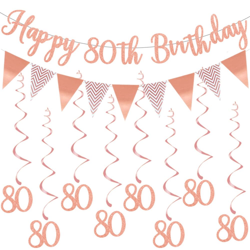 Elicola 80th Birthday Party Rose Gold Decorations Happy 80th Birthday Bunting Banner With Hanging Swirls Streamers for Womens Birthday Anniversary Party Decor Supplies