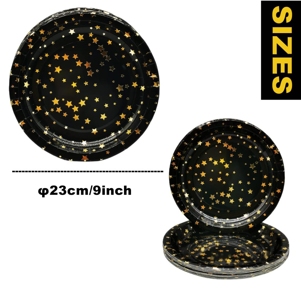 CEILIWEN Black Gold Paper Plates, 50 Pack 9 inch Birthday Decorations Paper Plates, Round Paper Plates Disposable Dinner Dishes, Black and Gold Star Plates, Party Tableware - Image 5
