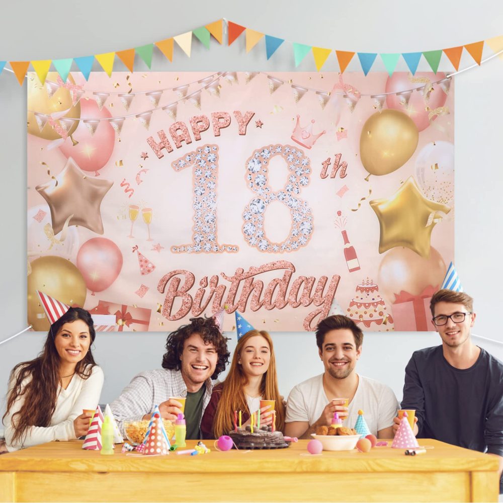 18th Happy Birthday Decoration, Rose Gold 18th Birthday Party Decoration Banners Photo Backdrop Poster Background Banners for Outdoor Indoor 18th Birthday Party Decoration Supplies - Image 3