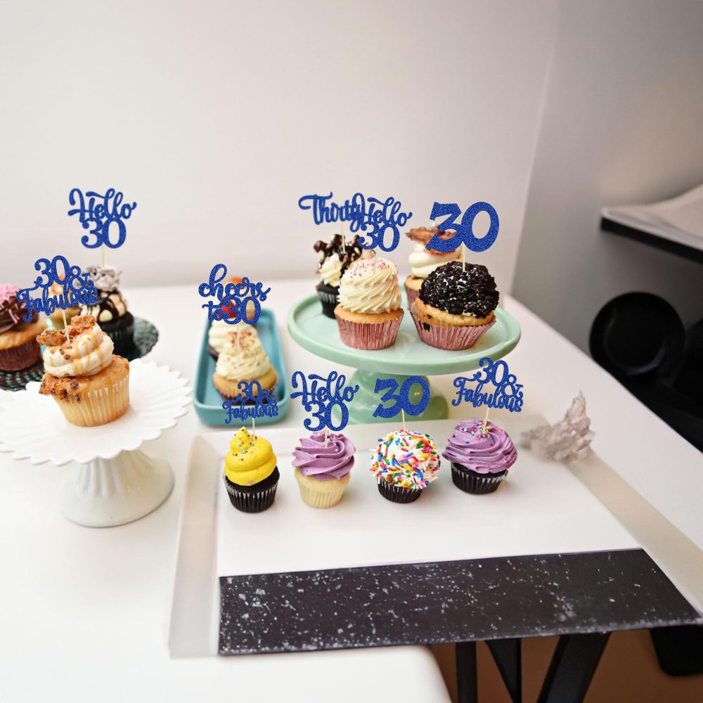 30Pcs Happy 30th Birthday Cupcake Toppers Deep Blue Glitter Thirty Cheers to 30 Birthday Cupcake Picks for Happy 30th Birthday Anniversary Party Cake Decorations Supplies - Image 2