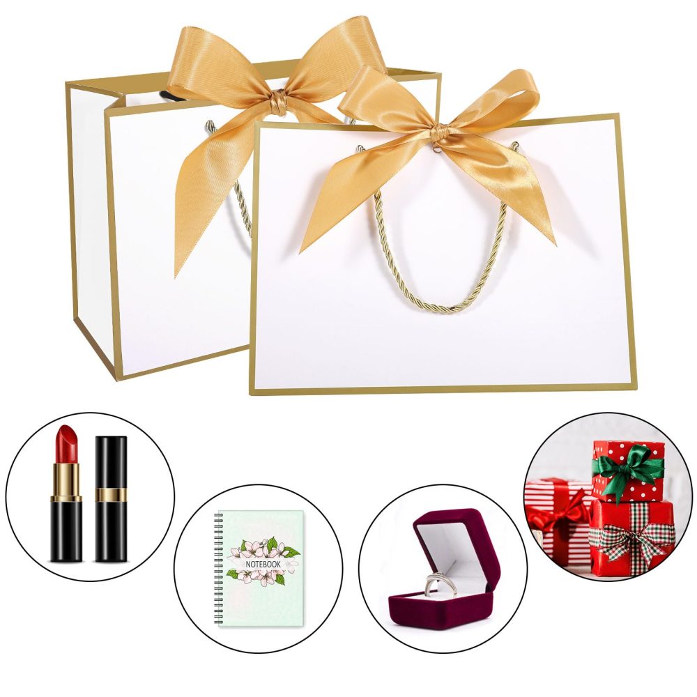 HuaJiao 4Pcs Gift Bags, Medium Present Bag Gift Wrapping Bag with Bow Ribbon Tissue Paper and Cards Gift Bag for Birthday Wedding Party 28x10x20cm (Golden Edge) - Image 5