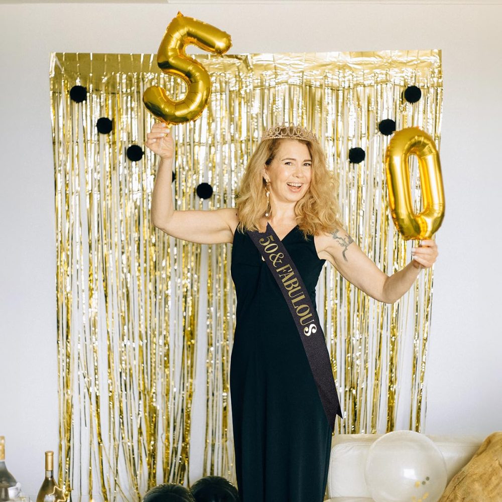 Black Gold "50 & Fabulous"Sash & Rhinestone Tiara Set, 50th Birthday Gifts for Women, Birthday Sash/Tiara for Women's 50th Birthday Party Decoration (Black 50th) - Image 4