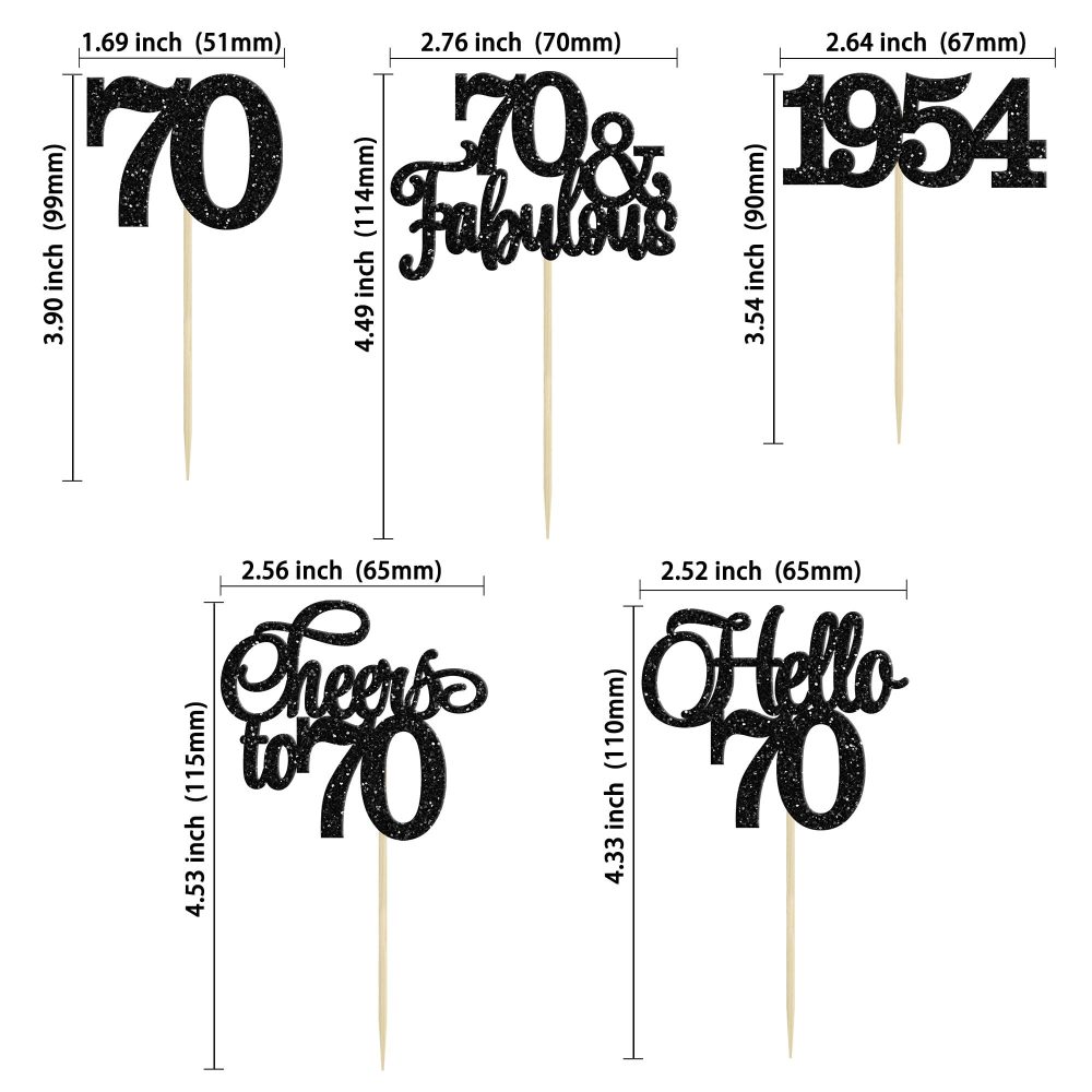 Gyufise 30Pcs 70th Birthday Cupcake Toppers 70 Fabulous Cupcake Picks Cheers to 70 1954 Cake Decorations for Happy 70th Birthday Wedding Anniversary Party Decoration Supplies Black - Image 6