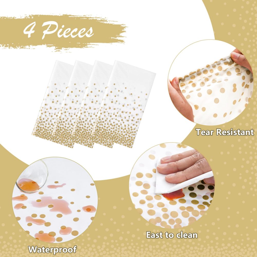 MOKANI Disposable Plastic Tablecloths, 4 Pack Party Rectangle Table Cloths, Gold Dot Confetti Rectangular Table Covers for Picnic Weddings Birthday Parties 54" x 108" - Image 6