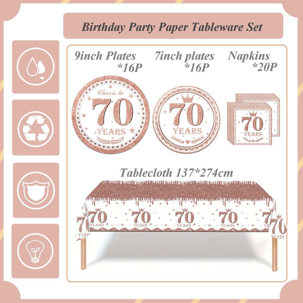 53Pcs Rose Gold Happy 70th Birthday Party Tableware Set Plastic Table Cloth,Paper Plates Napkins 70th Birthday Table Decorations Disposable Tableware Kit for Women Girl Her 70th Birthday Decorations - Image 5